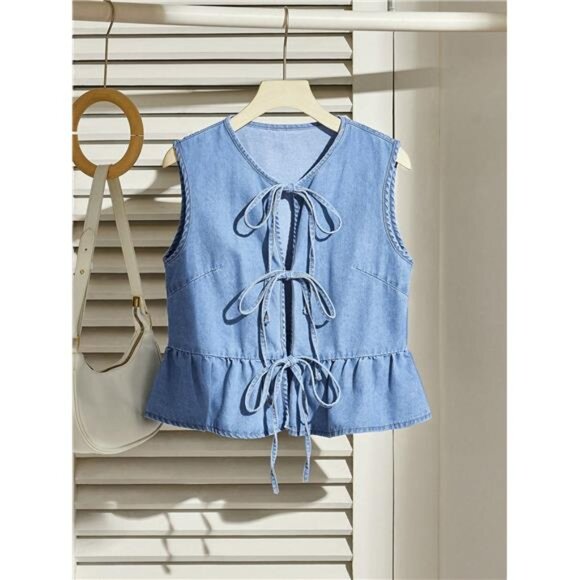 Variété Boutique Jackets & Blazers - Women's Denim Waistcoat, Casual Tie-Up Bow Ruffle Hem Vest, Blue
